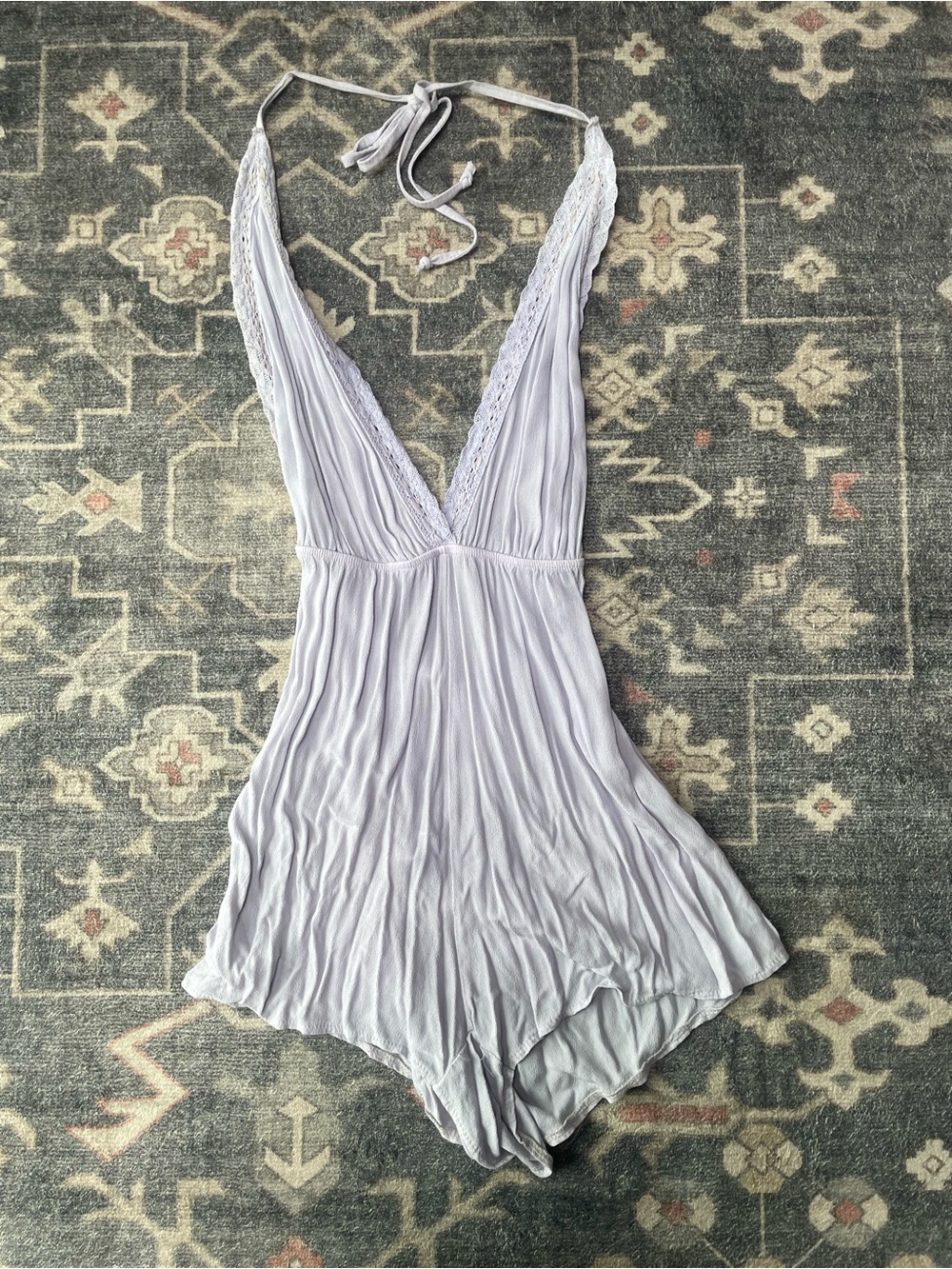 Lace-Trim Halter Romper - Lavender
